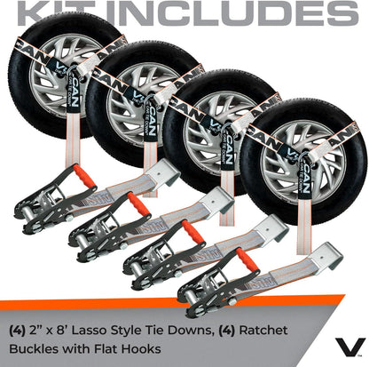 VULCAN Car Tie Down with Flat Hooks - Lasso Style - 2 Inch x 96 Inch - 4 Pack - Silver Series - 3,300 Pound Safe Working Load