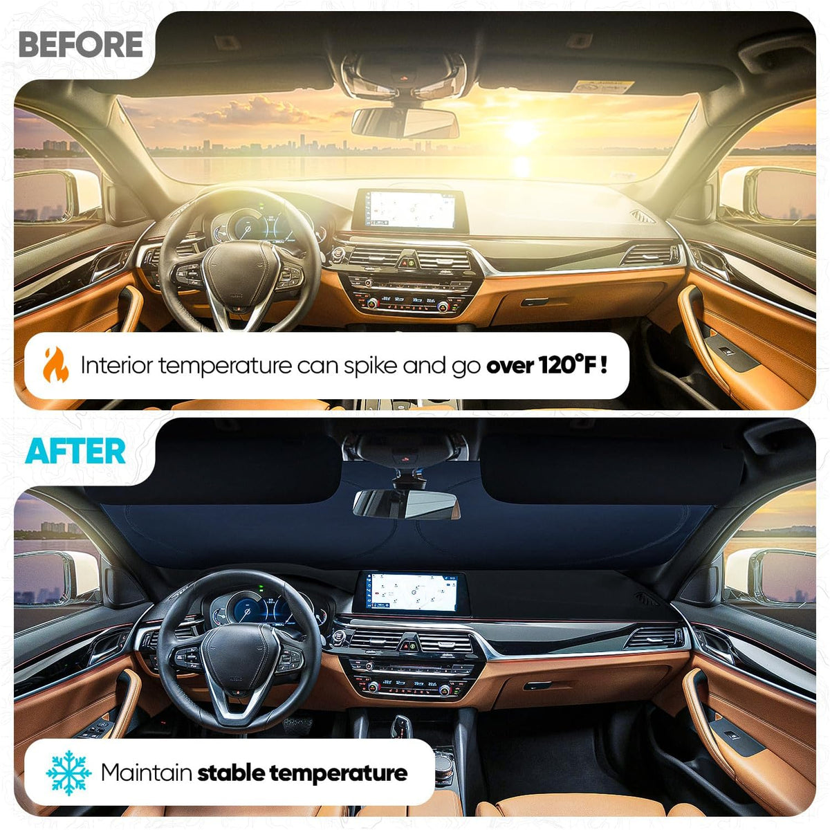 FORTEM Car Sun Shade for Windshield, Reflective Windshield Sunshade, 240T Polyester, Automotive Interior Sun Protection, Ultimate Heat and UV Shield, Foldable, Storage Bag