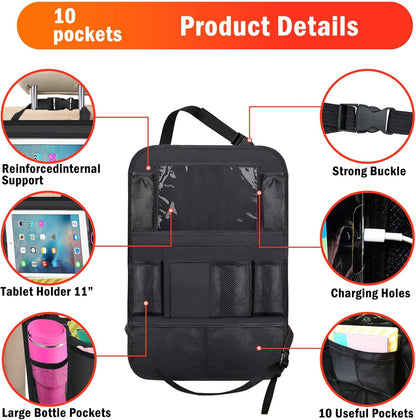 2Pack Car Backseat Organizer with Foldable Table Tray,6 Storage Pockets Car Storage Organizer with Tablet Holder,Car Seat Back Protectors Kick Mats Travel Accessories (Black)
