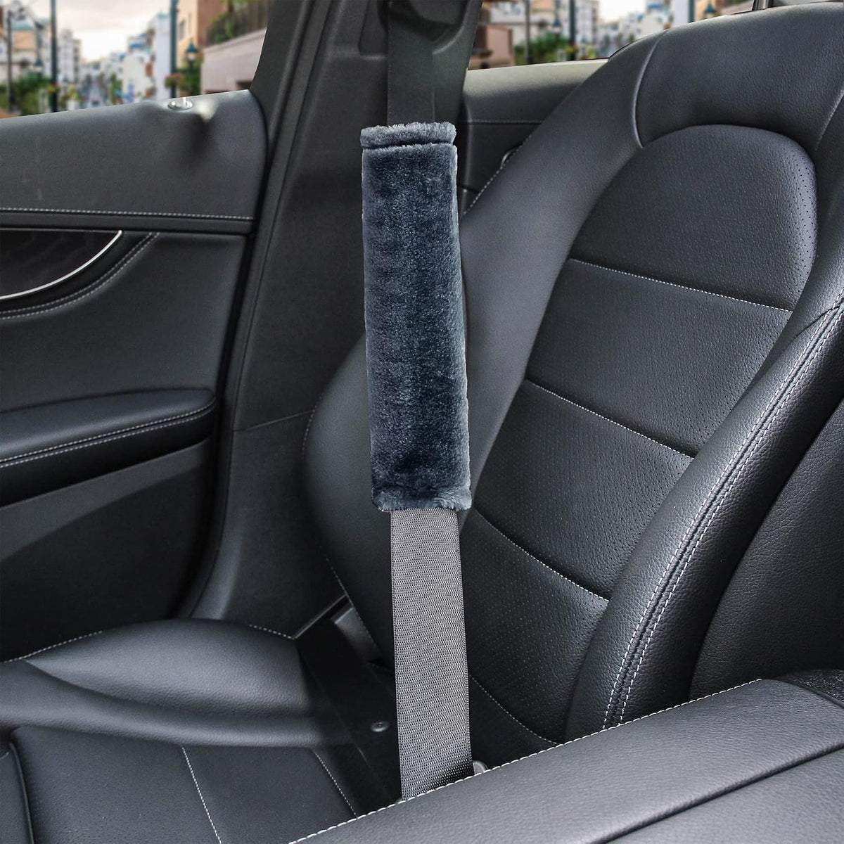 Amooca Soft Faux Fur Universal Fit Seatbelt Cover Car Truck SUV Airplane Seat Belt Shoulder Pad for Carmera Backpack Straps Neck Cushion Protector 2 Pack 10.5in Dark Gray