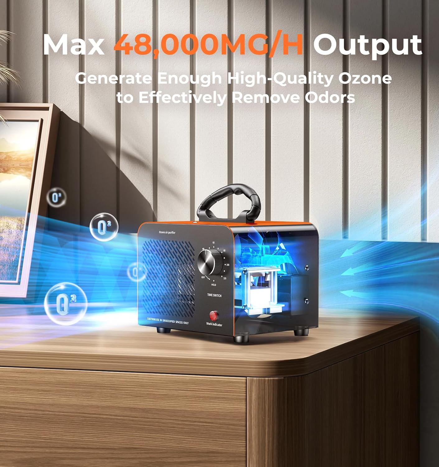 Ozone Generator 48,000mg, Commercial Ozone Machine Odor Removal, High Capacity O3 Ionizer Air Purifier Deodorizer, Portable Mini for Car, Home, Smoke, Pets, Industrial, for 4000 Square Feet -Black