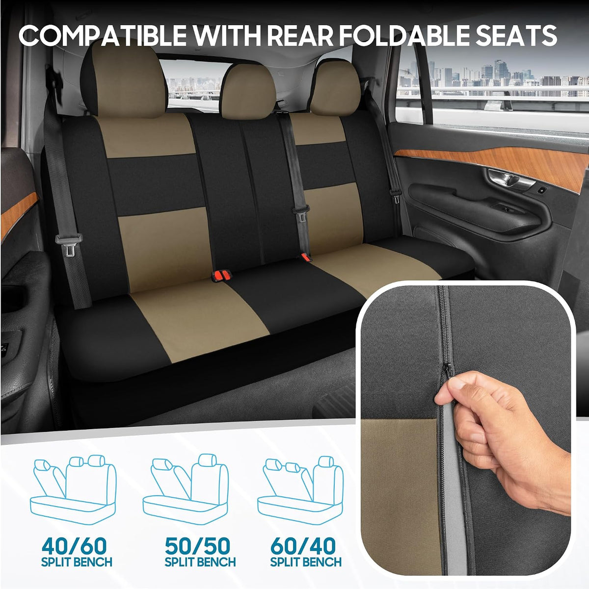 BDK PolyPro Car Seat Covers Full Set in Charcoal on Black – Front and Rear Split Bench for Cars, Easy to Install Cover Set, Accessories Auto Trucks Van SUV