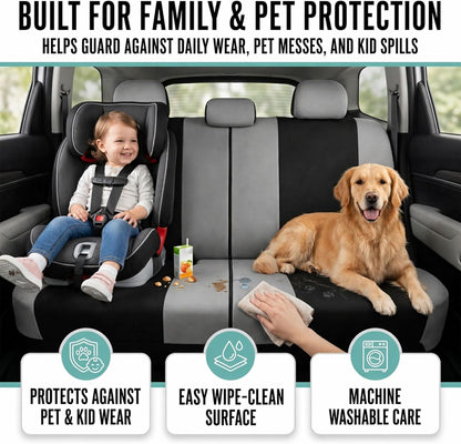FH Group Full Set Cloth Car Seat Covers, Universal Fit Front and Split Bench Rear, Airbag Compatible, Washable for SUV, Sedan, Van - Black