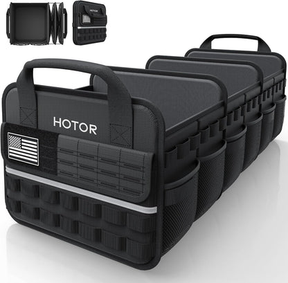 HOTOR Tactical Car Trunk Organizer - Foldable Trunk Organizer for SUV with Front MOLLE Pocket & Reflective Strips, Essential Car Accessories for Tools & Outdoor Storage, 12.8" x 21.7" x 11.0", Black