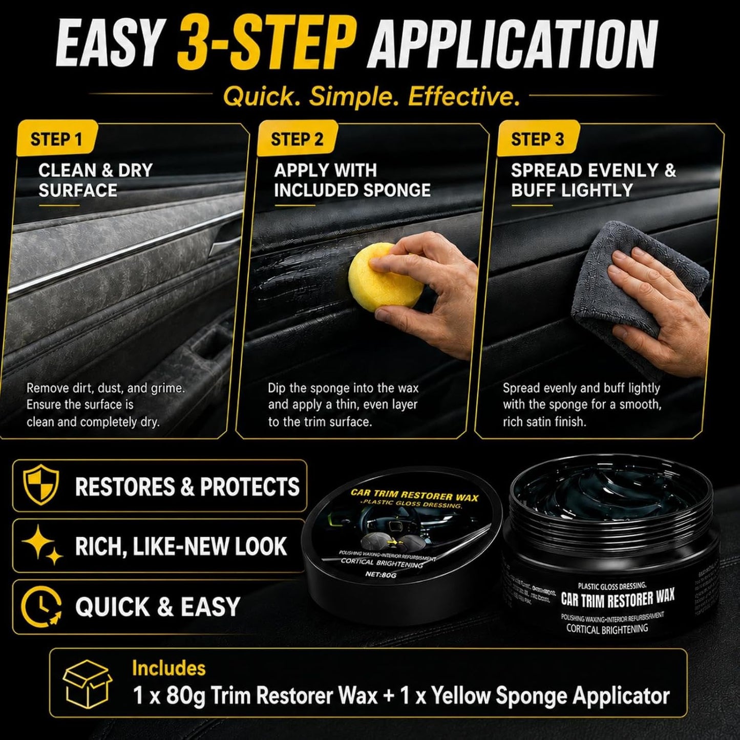 Plastic Restorer for Cars, Ceramic Coating Black Trim Restorer, Back to Black Plastic Polish for Interior Exterior Trim, Dashboard Cleaner with UV Protection, 80g with Sponge