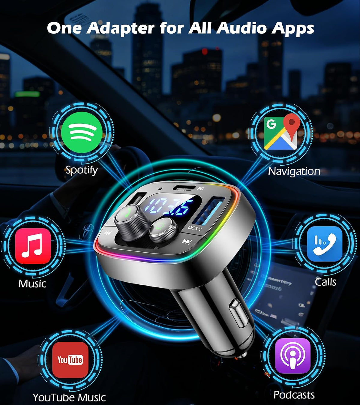 LIHAN FM Transmitter for Car Bluetooth Adapter 5.4,48W PD+QC Fast Charging,Hands-Free Calling,Streams Spotify/Navigation/Music via Car Radio,Wireless Upgrade Non-Bluetooth Cars,USB-C,USB/TF,12V/24V