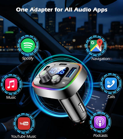 LIHAN FM Transmitter for Car Bluetooth Adapter 5.4,48W PD+QC Fast Charging,Hands-Free Calling,Streams Spotify/Navigation/Music via Car Radio,Wireless Upgrade Non-Bluetooth Cars,USB-C,USB/TF,12V/24V