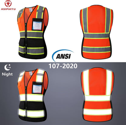 Reflective High Visibility Safety Vest for Men Women with Pockets Zipper Front Meets ANSI/ISEA Standards
