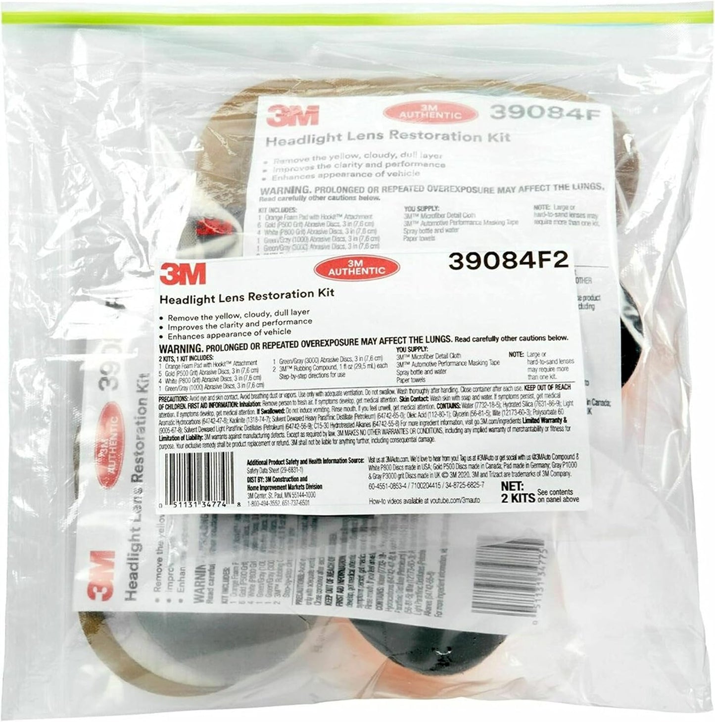 3M Auto Restore and Protect Headlight Restoration Kit, Use On Plastic Lenses, Headlights, Taillight, Fog Lights and More, Includes Sanding Discs, Headlight Clear Coat Wipes, Foam Pad and Glove (39194)