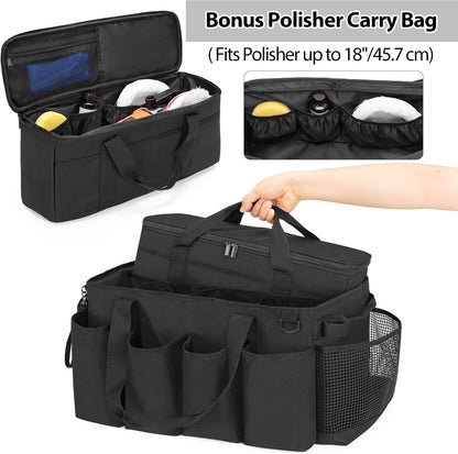 HODRANT Detailing Bag with Polisher Carry Bag, Large Detail Car Care Box for Auto Detailing Supplies, Car Wash Caddy & Trunk Organizer for Buffer Bottle Towel & Cleaning Kit, Black, Patent Design