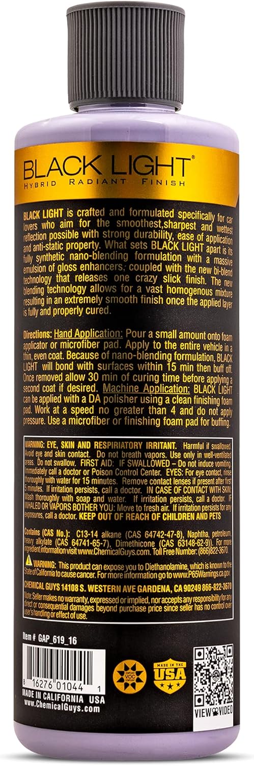 Chemical Guys Black Light Hybrid Radiant Finish - Premium Glaze and Car Sealant for Black and Dark Colors - Enhances Depth, Gloss & Protection on Cars, Trucks, SUVs & More, 16 fl oz Bottle