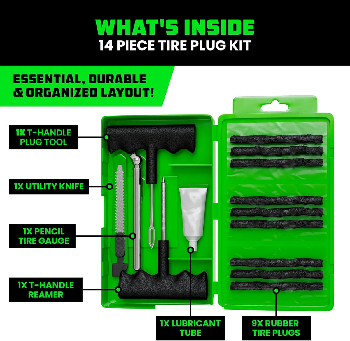 Rhino USA Tire Repair Kit (86-Piece) Professional Heavy Duty Tire Plug Kit to Fix Punctures & Patch Flats with Ease - Ultimate Tubeless Tire Repair Tools for Car, Motorcycle, ATV, UTV, RV and Trailer