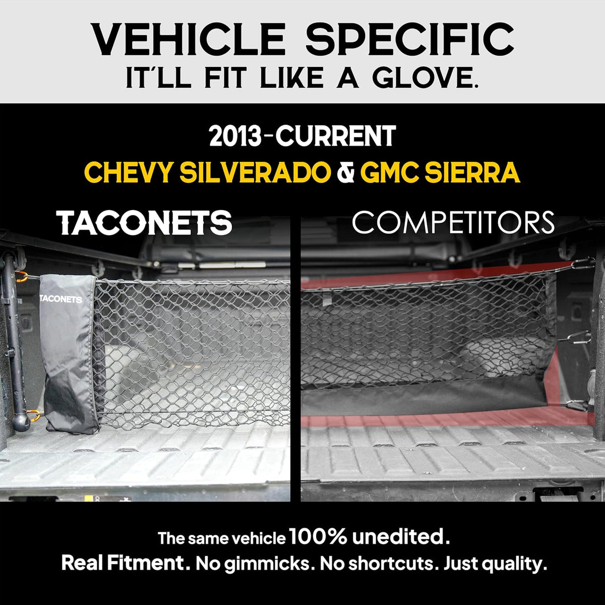 TacoNets Envelope Cargo Net for GMC Sierra & Chevy Silverado - Fits 2013-Current - Upgraded 5mm Bungee - Integrated Storage Bag - Heavy Duty Carabiners - Designed in USA