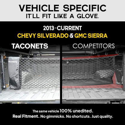 TacoNets Envelope Cargo Net for GMC Sierra & Chevy Silverado - Fits 2013-Current - Upgraded 5mm Bungee - Integrated Storage Bag - Heavy Duty Carabiners - Designed in USA
