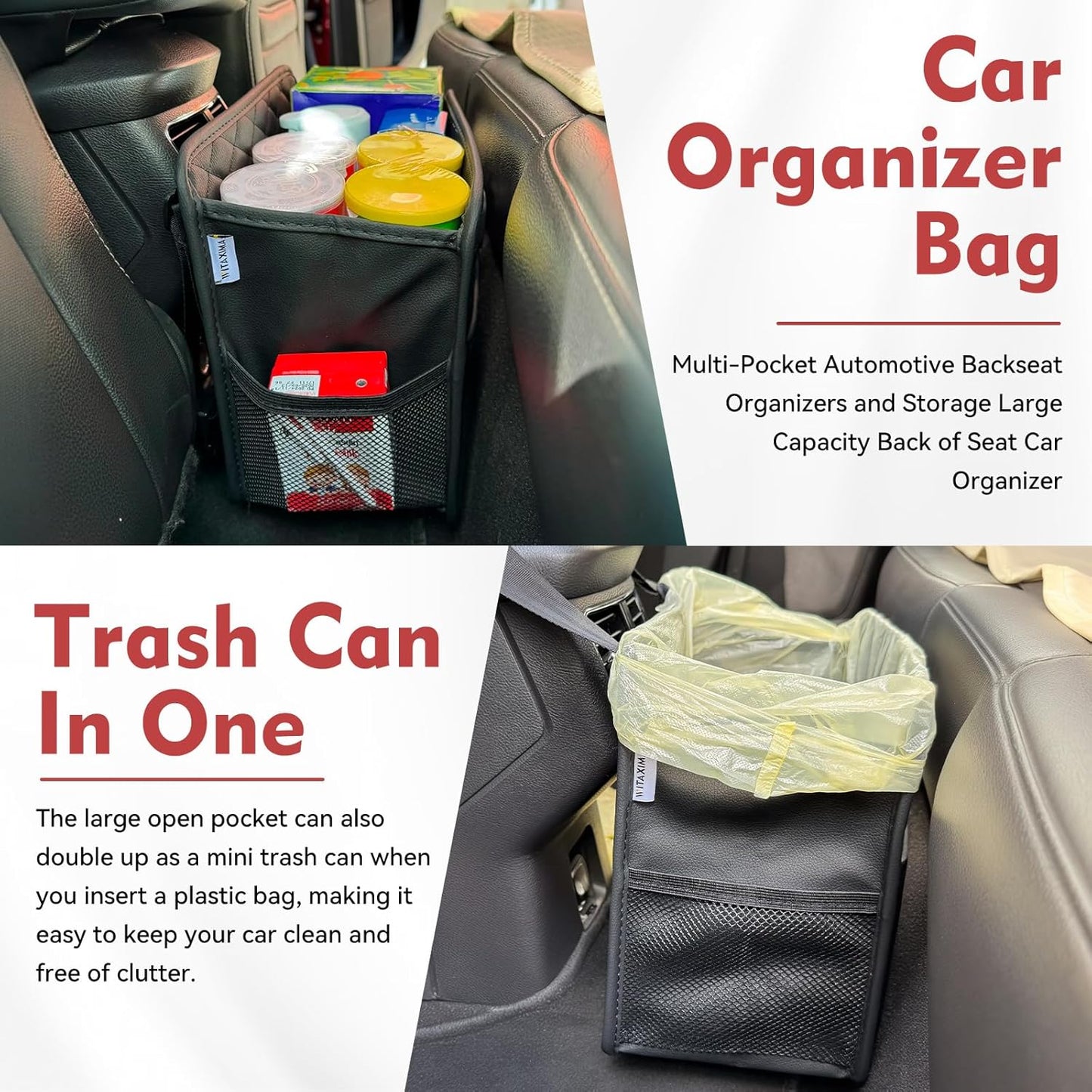 Witaxima Upgrade Car Seat Organizer Backseat with Storage Pockets, Multipurpose Car Organizer Hanging, Car Trash Bag Can,Premium PU Leather Garbage Can 2.14 Gallon Large Capacity, Black.