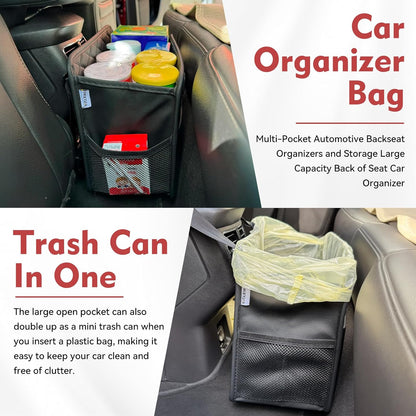 Witaxima Upgrade Car Seat Organizer Backseat with Storage Pockets, Multipurpose Car Organizer Hanging, Car Trash Bag Can,Premium PU Leather Garbage Can 2.14 Gallon Large Capacity, Black.