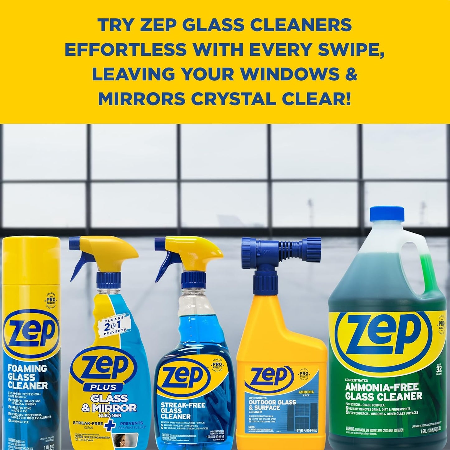 Zep Streak-Free Glass Cleaner - 1 Gallon (Case of 4) ZU1120128 - Professional Grade Formula that Cleans Dirt, Fingerprints, Grime, Smoke Haze, and Toothpaste on Windows, Mirrors, and Other Glass