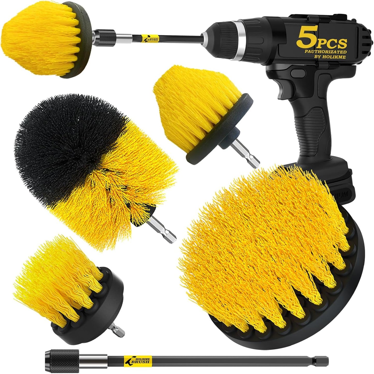 Holikme 5Pack Drill Brush Attachment Set-Car Interior Detailing Kit，Power Scrubber Brush Extended Long Attachment for Bathroom, Car，Shower，Carpet,Boat,Kitchen，Floor and Tile，White