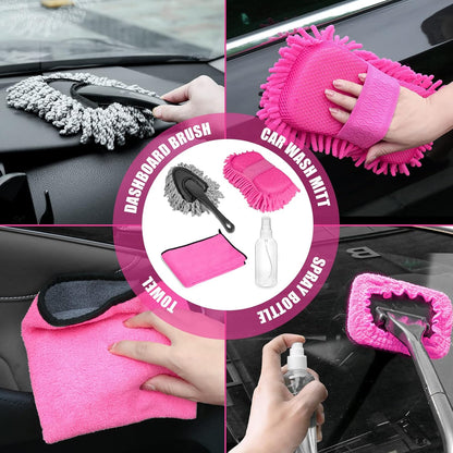 17pcs Car Cleaning Kit, Pink Car Interior Detailing Kit with High Power Handheld Vacuum, Detailing Brush Set, Windshield Cleaner, Cleaning Gel, Complete Auto Accessories for Women Gift