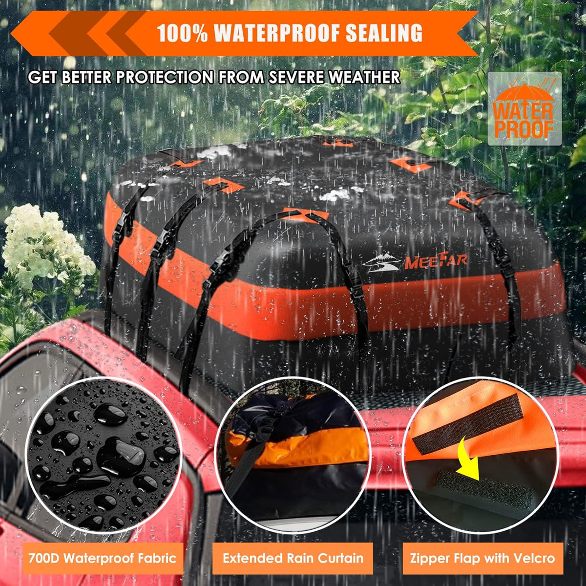 MeeFar Rooftop Cargo Carrier Car Roof Bag 21 Cubic Feet 100% Waterproof Car Top Carrier, Fits All Vehicle with/Without Rack,Include Anti-Slip Mat,10 Reinforced Straps,6 Door Hooks,Luggage Lock