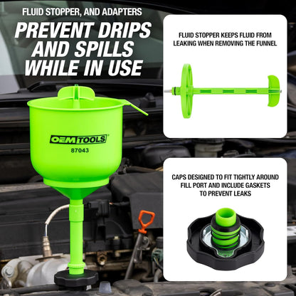 OEMTOOLS No-Spill Coolant Funnel Kit, 15 Piece Fluid and Oil Funnel Set, Allows Access To Hard-To-Reach Radiators