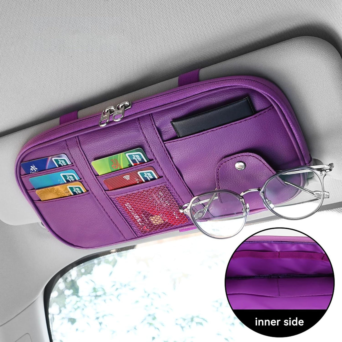 Car Sun Visor Organizer, Sunglass Holder and Storage Pocket, Card Cash Pouch with Multi-Pocket Net Zipper, Case Bag for License Pen Key, Auto Accessories for Truck, SUV, Van (Purple)