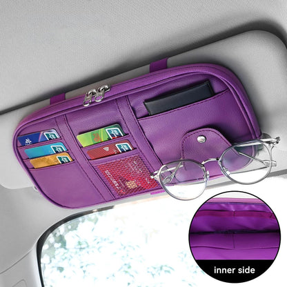 Car Sun Visor Organizer, Sunglass Holder and Storage Pocket, Card Cash Pouch with Multi-Pocket Net Zipper, Case Bag for License Pen Key, Auto Accessories for Truck, SUV, Van (Purple)