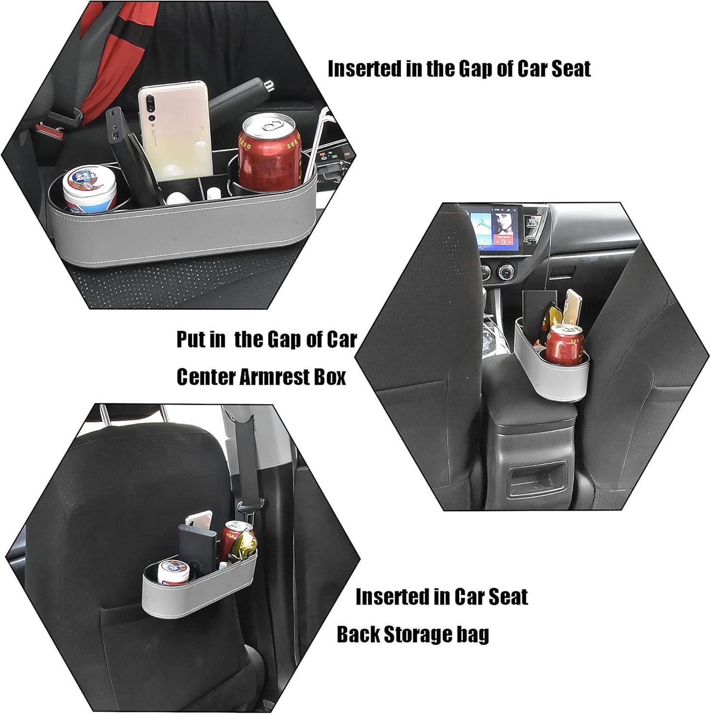 IOKONE Car Cup Holder, Auto Cup Drink Holders，Multifunctional Auto Front Seat Organizer with PU Leather Cover, Gap Filler Storage Box Coin Bucket Console Side Pocket Cell Mobile Phone Holder (Black)