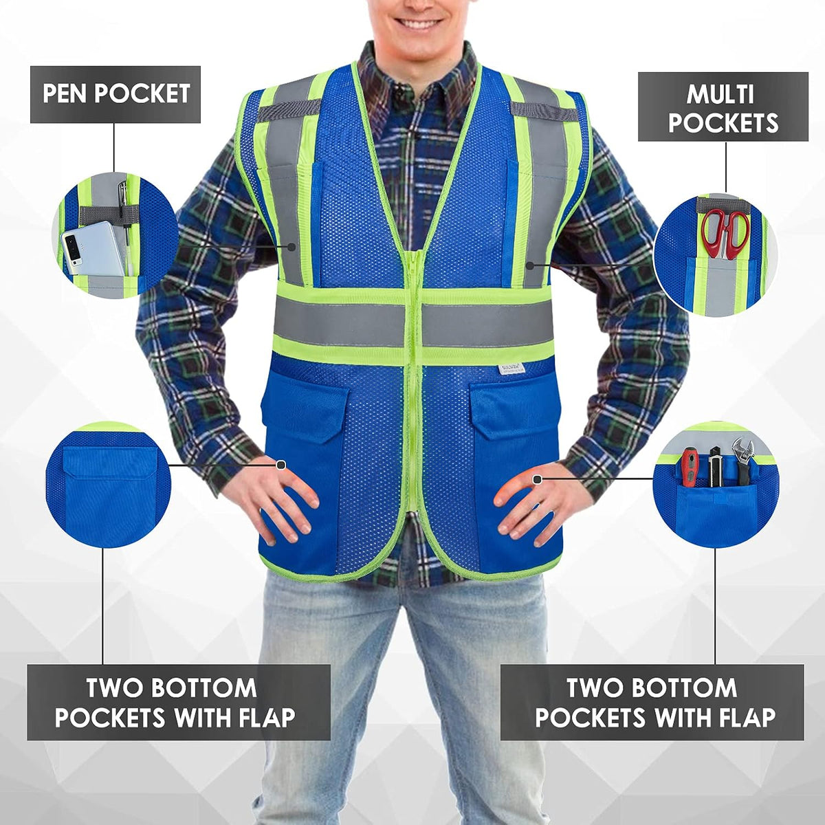 High Visibility Reflective Safety Vest with Zipper and Pockets Orange,M