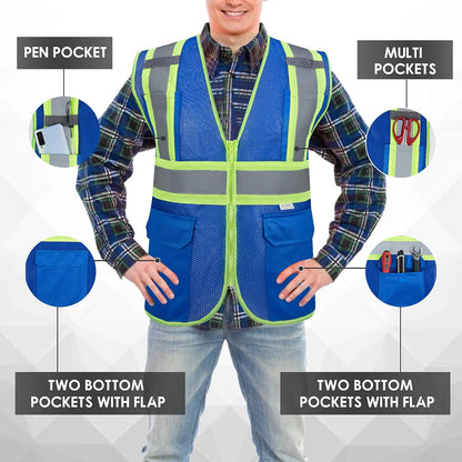 High Visibility Reflective Safety Vest with Zipper and Pockets Orange,M