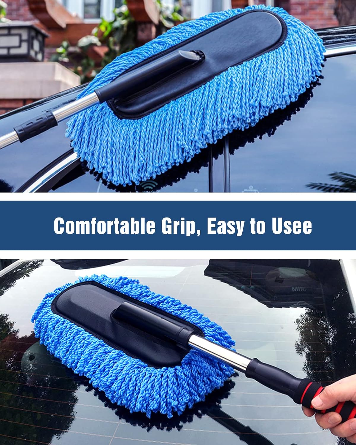YeewayVeh Car Duster Exterior Scratch Free Microfiber Car Cleaning Brush, Extendable Handle Pollen and Dust Brush for Truck, SUV, Vehicles and Home Cleaning, Gray and Red