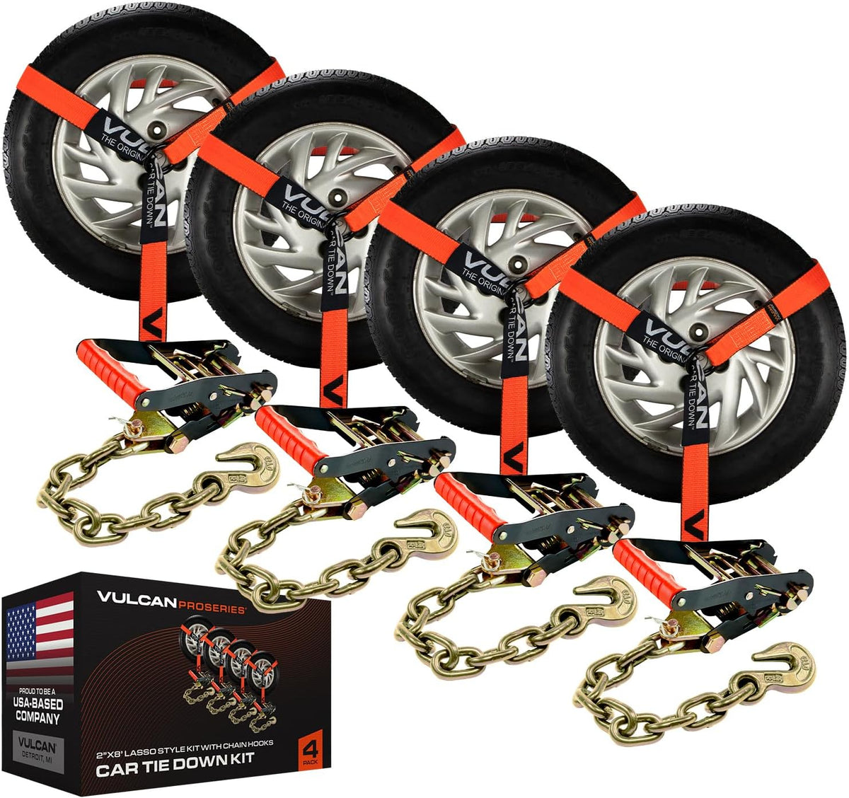 VULCAN Car Tie Down with Flat Hooks - Lasso Style - 2 Inch x 96 Inch - 4 Pack - Silver Series - 3,300 Pound Safe Working Load