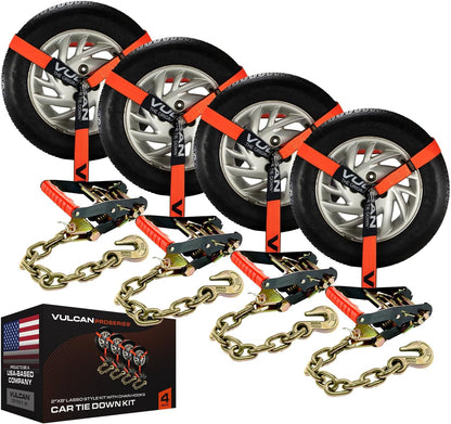 VULCAN Car Tie Down with Flat Hooks - Lasso Style - 2 Inch x 96 Inch - 4 Pack - Silver Series - 3,300 Pound Safe Working Load