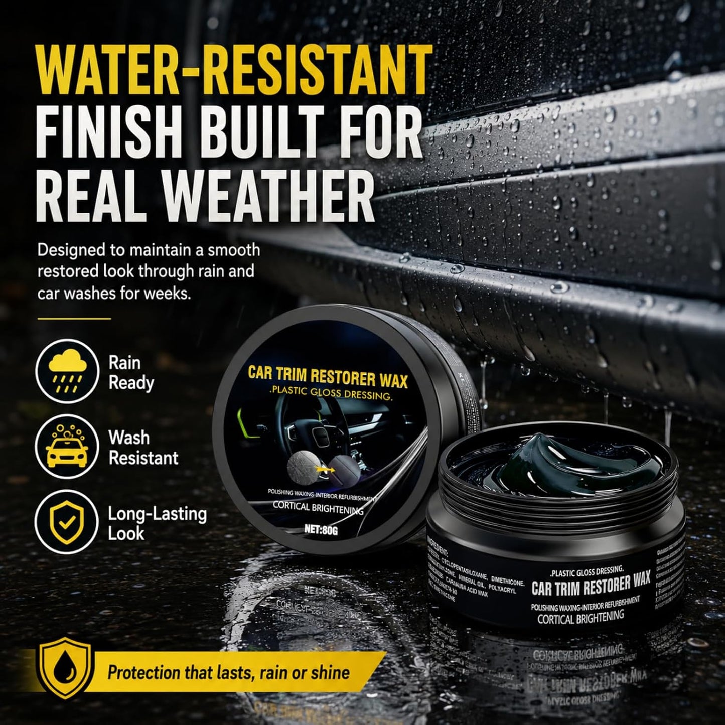 Plastic Restorer for Cars, Ceramic Coating Black Trim Restorer, Back to Black Plastic Polish for Interior Exterior Trim, Dashboard Cleaner with UV Protection, 80g with Sponge