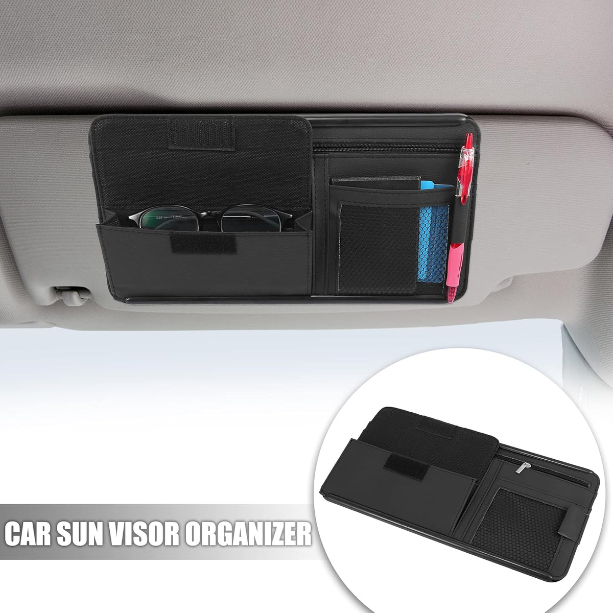 X AUTOHAUX Black Universal Car Sun Visor Organizer Sunglasses Case Storage Pocket Hook and Loop Tape ABS PU Leather for SUV RV Truck