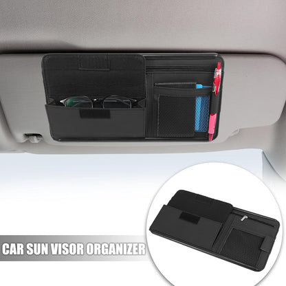X AUTOHAUX Black Universal Car Sun Visor Organizer Sunglasses Case Storage Pocket Hook and Loop Tape ABS PU Leather for SUV RV Truck