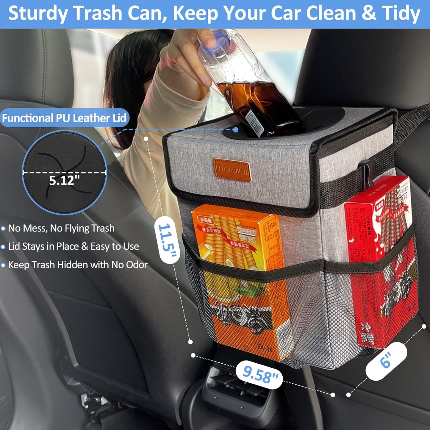 ELONGRIVER Car Trash Can Bin for Back Seat Leak Proof, Cute Car Trash Bag Hanging, Vehicle Trash Can for SUV Truck Van, Automotive Garbage Cans Front Seat Black
