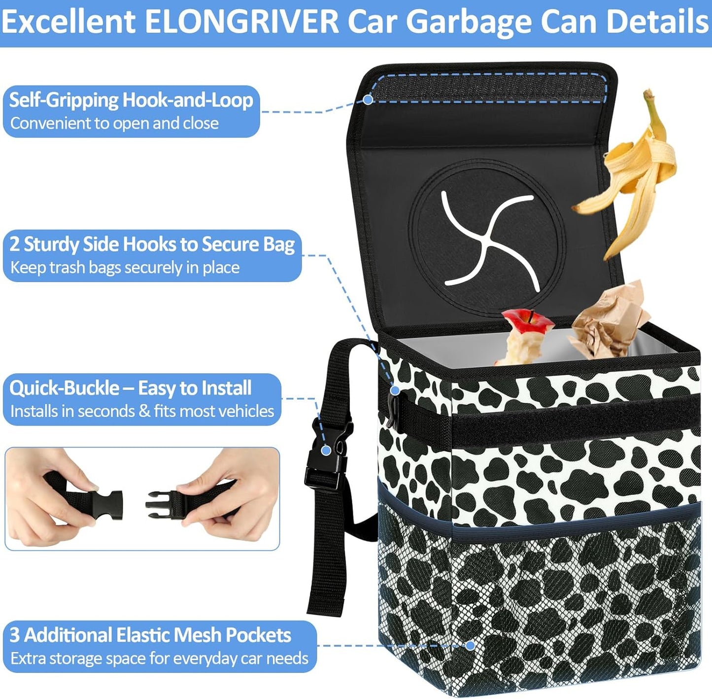 ELONGRIVER Car Trash Can Bin for Back Seat Leak Proof, Cute Car Trash Bag Hanging, Vehicle Trash Can for SUV Truck Van, Automotive Garbage Cans Front Seat Black