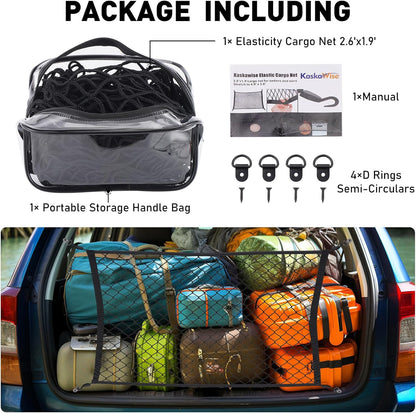 Elastic Cargo Net for SUV,Universal Truck Net Organizer with Storage Bag,32"x24" Stretch to 56"x42" Small Cargo NetBungee Mesh Cargo Hold for Car,Truck,Pickup,RV,Road Trip Essentials