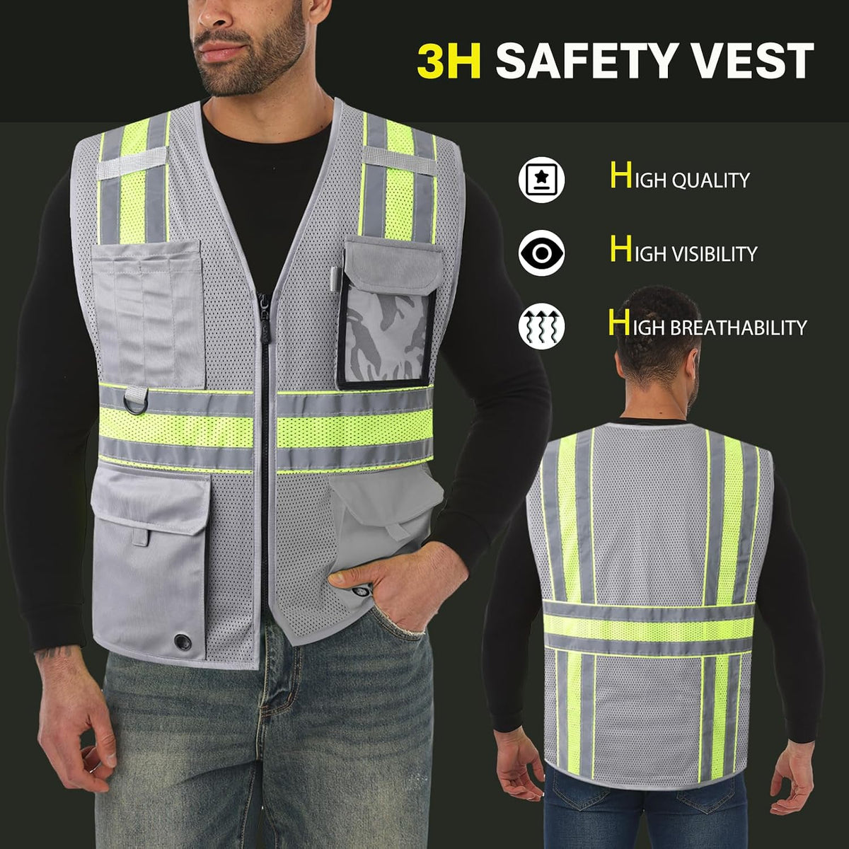 JKSafety Safety Vest for Men Women Hi Vis Relfective Vest with Pockets High Visibility Meet ANSI Standard