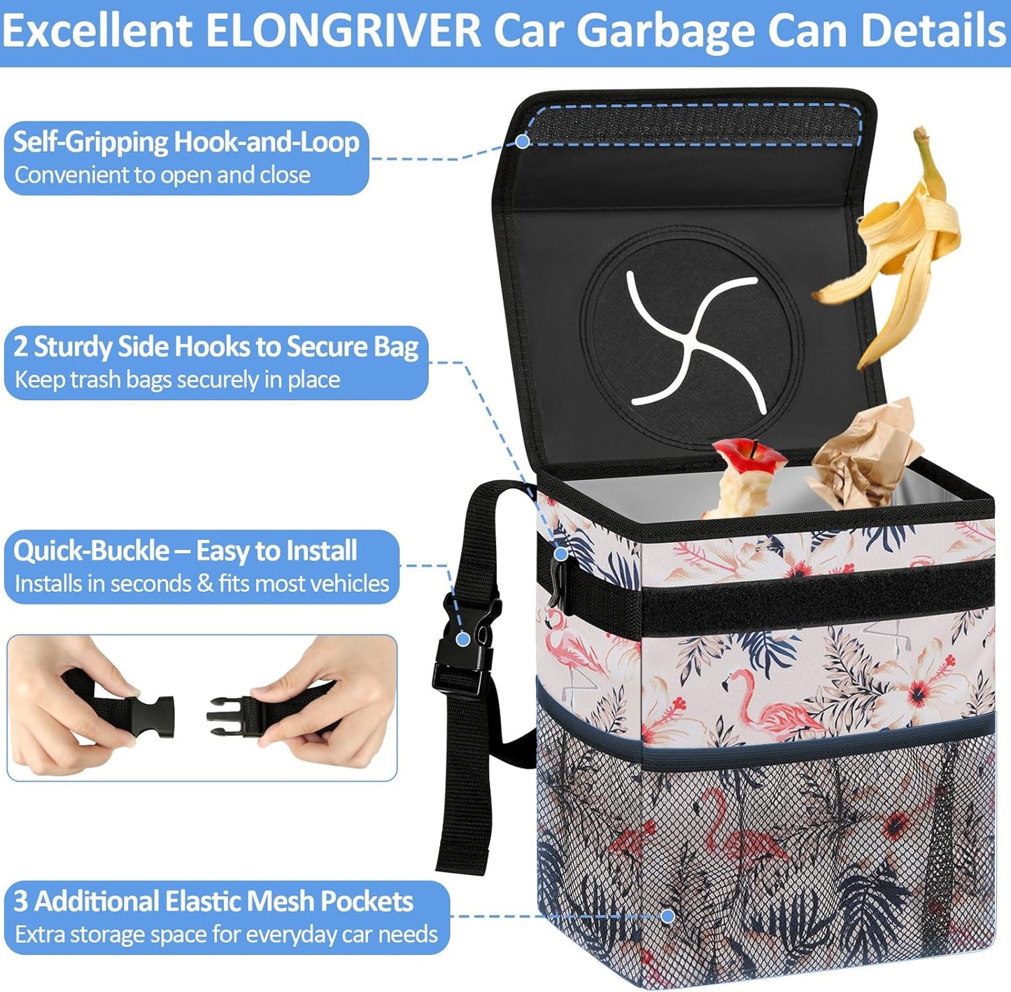 ELONGRIVER Car Trash Can Bin for Back Seat Leak Proof, Cute Car Trash Bag Hanging, Vehicle Trash Can for SUV Truck Van, Automotive Garbage Cans Front Seat Black