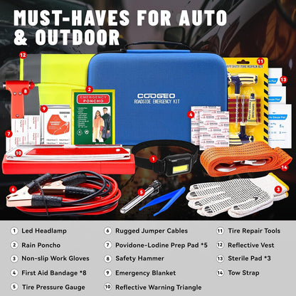 Car Roadside Emergency Kit with Battery Jumper Cables,Car Accessories for Men or Women,Automotive Safety Kit for Car,Vehicle, Truck or SUV,Gifts for Men or Him,Green