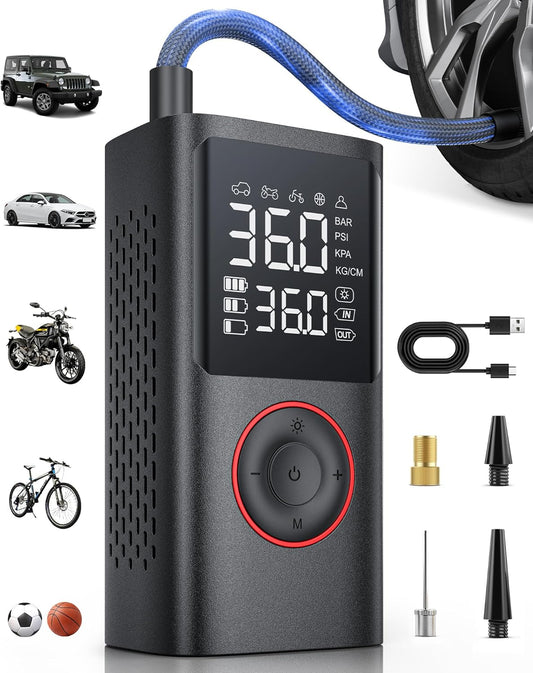 Powools Tire Inflator Portable Air Compressor, 150 PSI Cordless Bike Pump, Air Pump for Auto, Motorcycle, Bicycle, Balls with Pressure Gauge, LED Light & Car Accessories, Black, Standard Capacity
