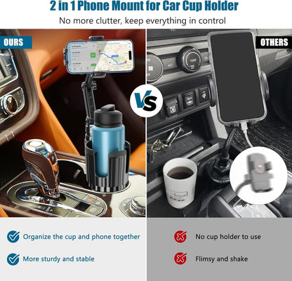 Phone Holders for Your Car Cupholder, 2 in 1 Cell Phone Holder Mount with Cup Holder Expandable Base, 360 Degree Rotating Neck, Fits All 4-7" Smartphones and Most Bottles, 1 Pack