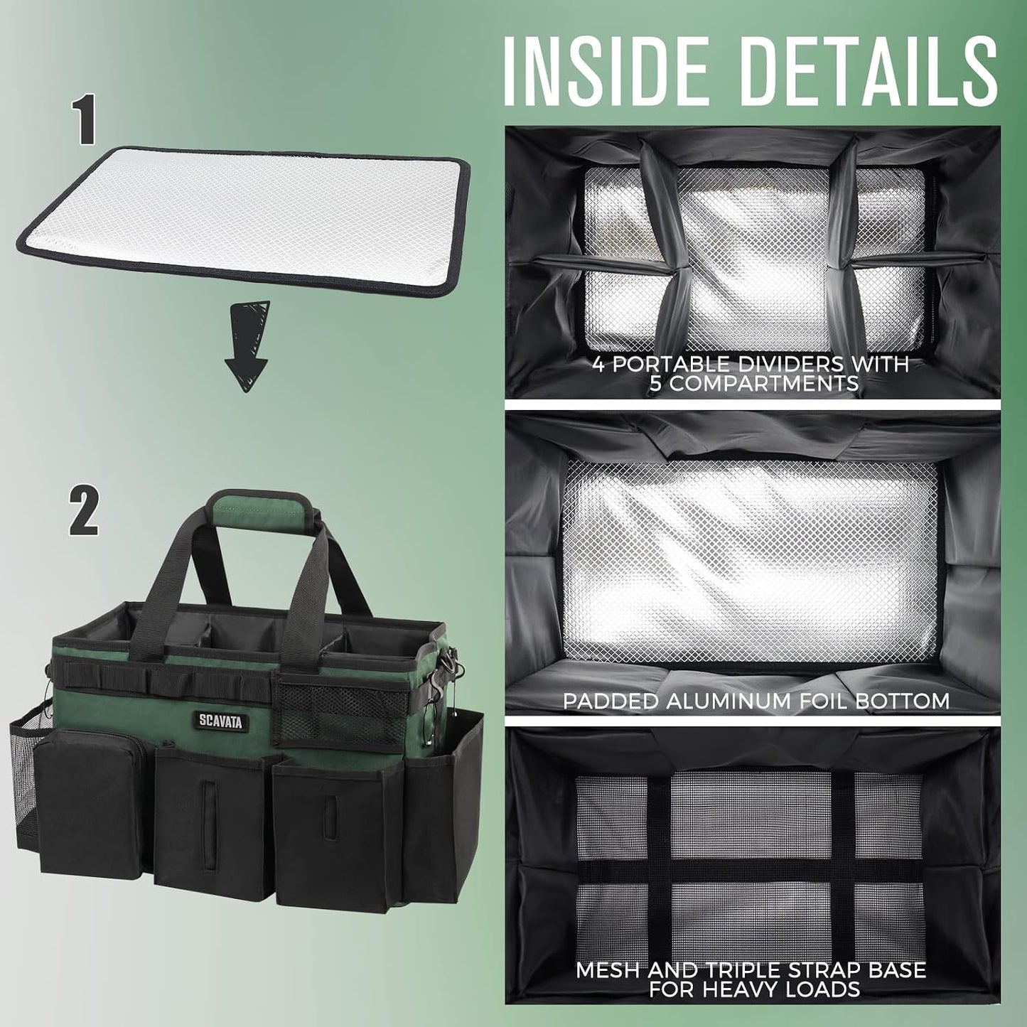 SCAVATA Wearable Cleaning Caddy Bag, Supplies Organizer with Handle & Shoulder Straps for Housekeepers, Under Sink & Car Cleaning Tool Organizer with 4 Foldable Dividers (Black)