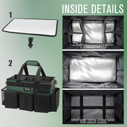 SCAVATA Wearable Cleaning Caddy Bag, Supplies Organizer with Handle & Shoulder Straps for Housekeepers, Under Sink & Car Cleaning Tool Organizer with 4 Foldable Dividers (Black)