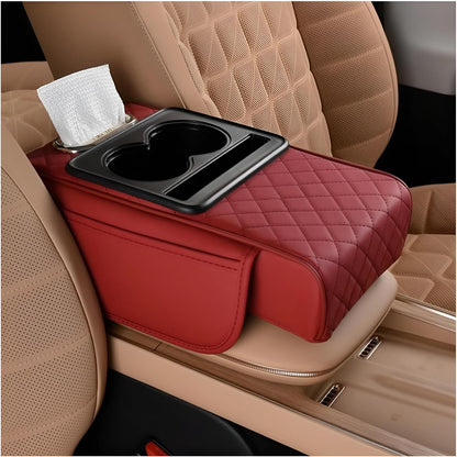 Zpana Car Center Console Armrest Pillow, Memory Foam Leather 4 in 1 Vehicle Arm Rest Cover with Tissue Box 2 Side Storage Bag Cup & Phone Holder, Auto Armrest Cushion, Universal Fit (Black)