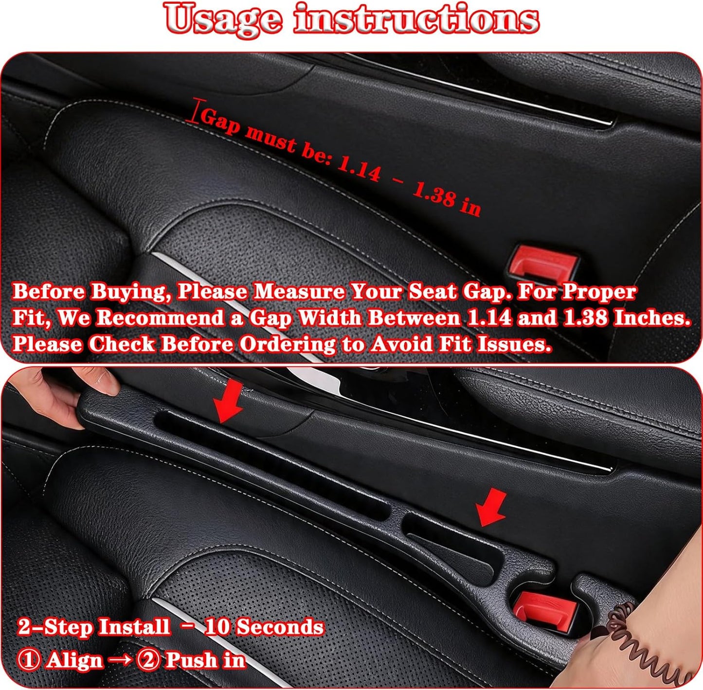 Car Seat Gap Filler Organizer of 2 – Universal Car Gap Seat Filler with Storage Pockets, No Drop Seat Guard for Phones, Keys & Cards, Car Accessories for Most Cars Trucks SUVs (Black)