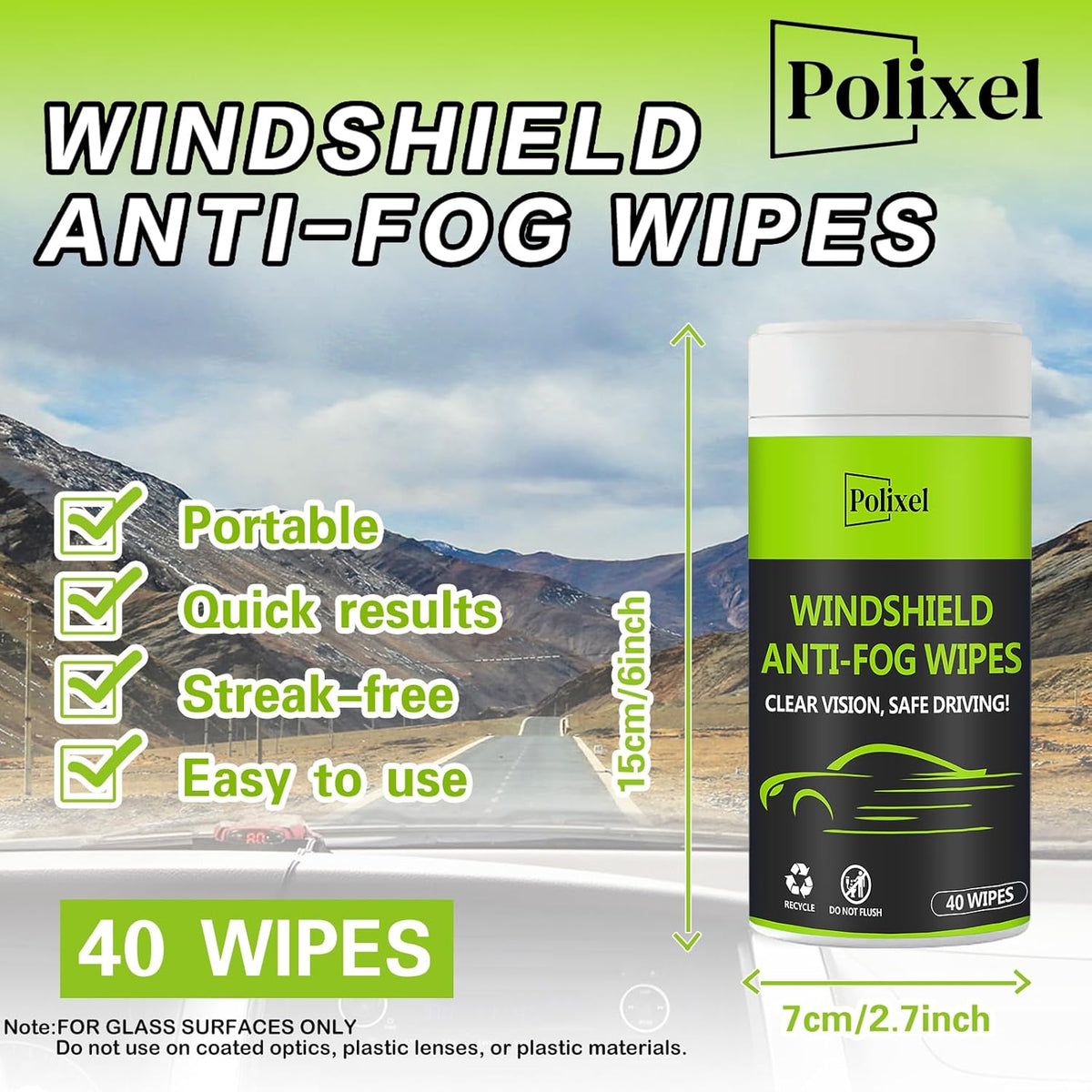 Glass Anti-Fog Wipes Pre-moistened Quick Antifog Defogger Prevent Fogging on Car Windshield, Mirror, Shower Door, Window, Helmets, Goggles Resealable Bottle Pack - 40 Wipes