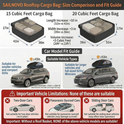 Sailnovo Soft Car Rooftop Cargo Carrier Roof Bag 20 Cubic Feet Waterproof Car Top Carrier, Fits Most Vehicle with/Without Rack, Include Anti-Slip Mat,6 Reinforced Straps,6 Door Hooks
